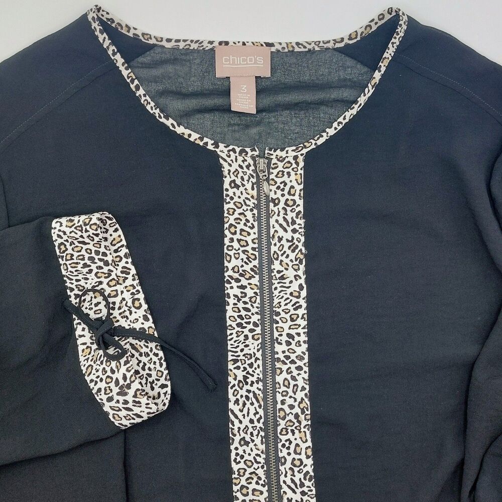 Chicos Sheer Cheetah Trim Full Zip Jacket Women's Size 3 Evening Animal Print